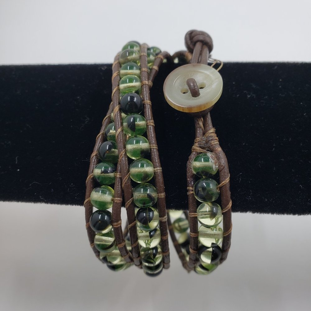 Brown Wrap Bracelet with Green and Clear Glass Beads-Glows Uranium Glass